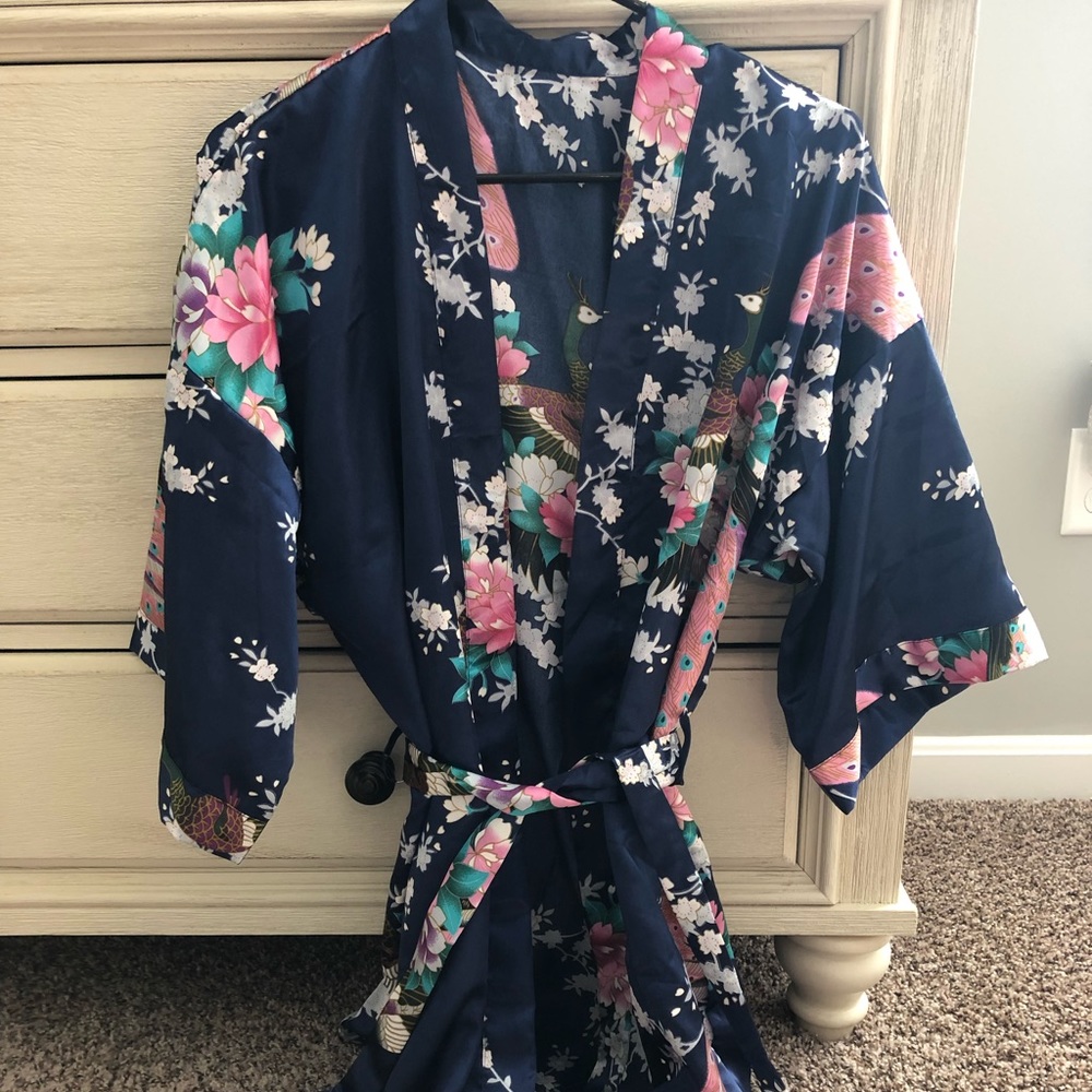 New navy blue satin floral kimono robe